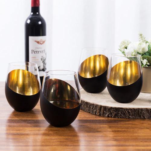 Matte Black & Gold Stemless Wine Glasses, Set of 4 - MyGift