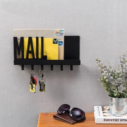 Matte Black Mail Mail Sorter Shelf with Hooks - MyGift