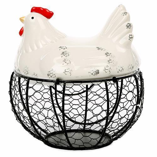 Mesh Wire Egg Basket with Ceramic Chicken Top - MyGift
