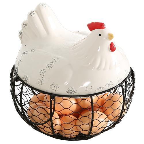 Mesh Wire Egg Basket with Ceramic Chicken Top - MyGift