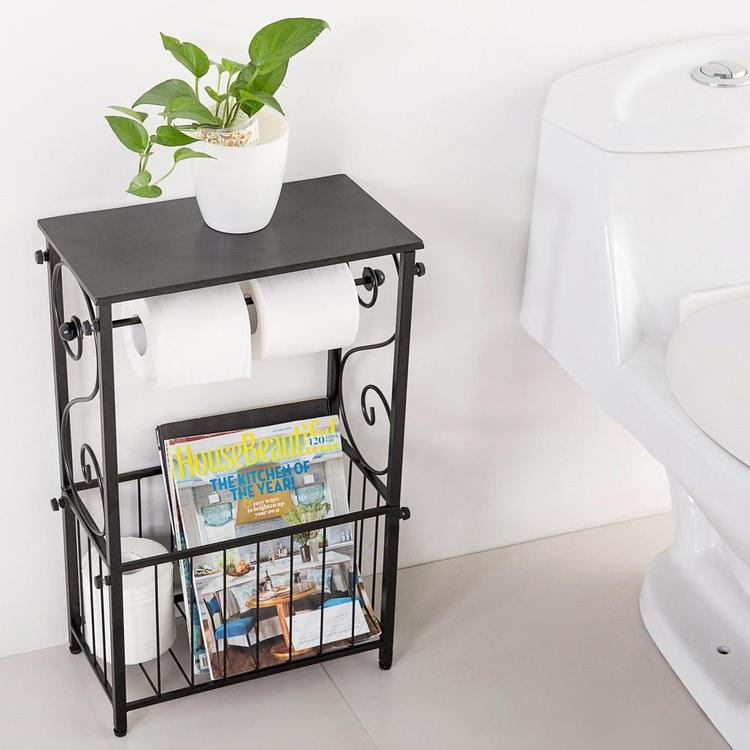 Metal Scroll Design Bathroom Table Shelf w/ Toilet Paper Rod & Magazine Basket - MyGift Enterprise LLC
