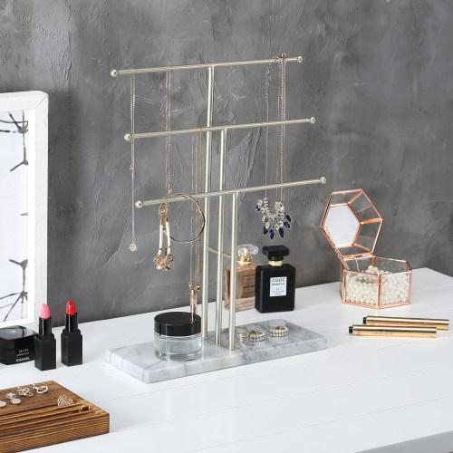 Metal Necklace Display Stand with Stone Base, Brass-Tone