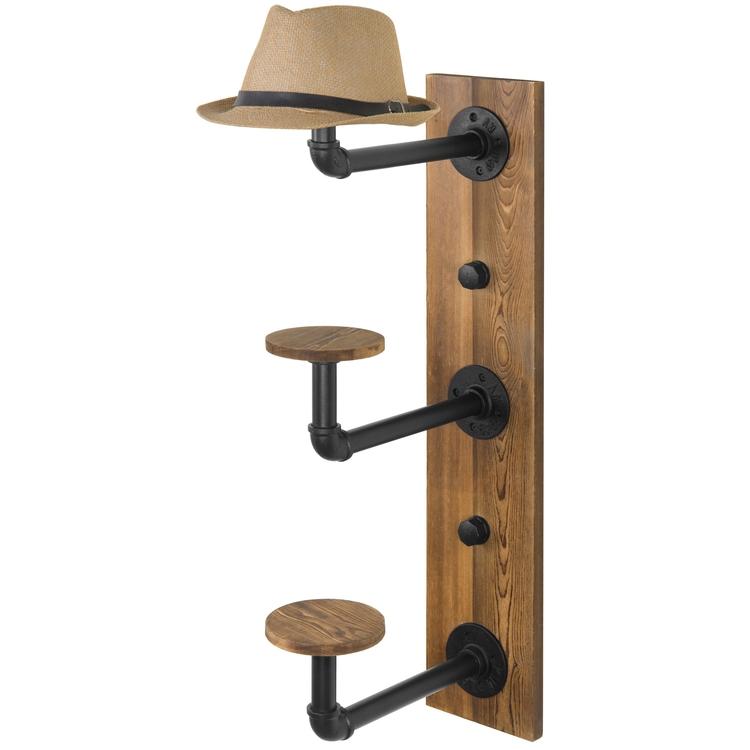 Metal Pipe & Rustic Burnt Wood Hat Rack, 3-Hook