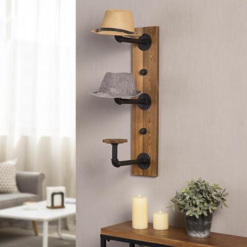 Metal Pipe & Rustic Burnt Wood Hat Rack, 3-Hook