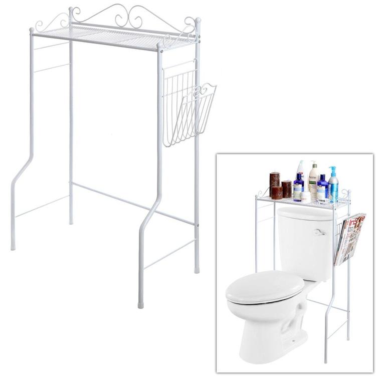 Metal Storage Freestanding Bathroom Shelf w/ Magazine Basket, White - MyGift Enterprise LLC