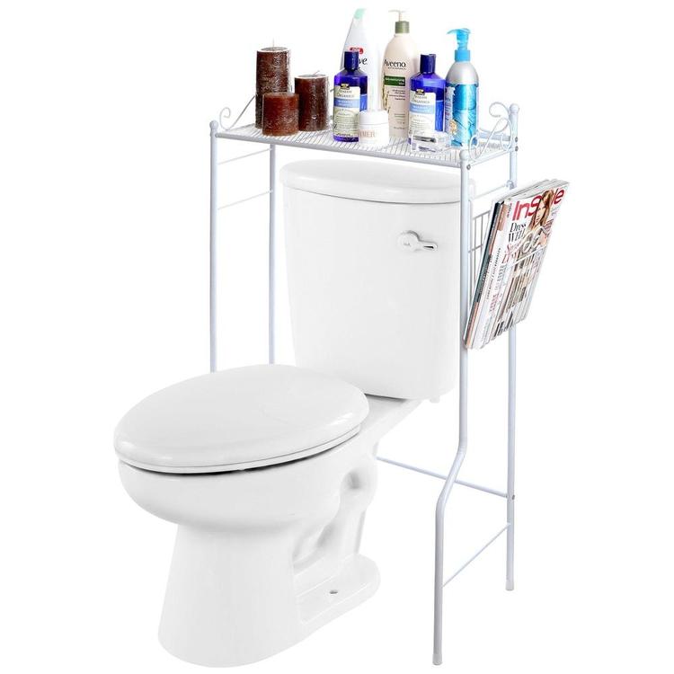Metal Storage Freestanding Bathroom Shelf w/ Magazine Basket, White - MyGift Enterprise LLC