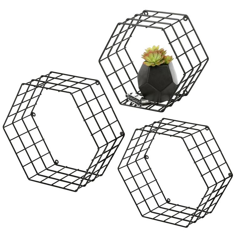 Metal Wire Hexagon Design Wall-Mounted Shelves, Set of 3, Black - MyGift Enterprise LLC