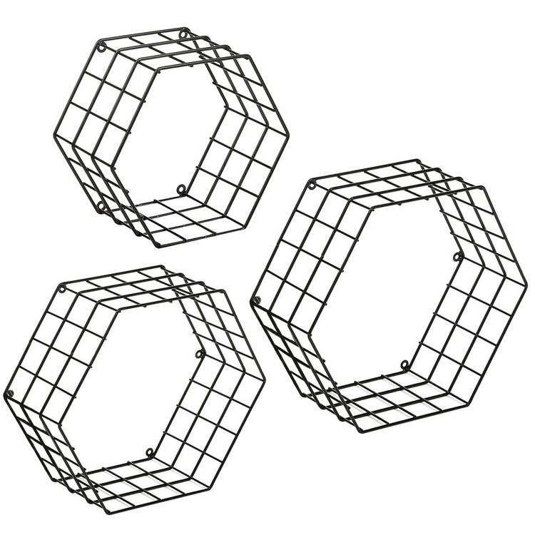 Metal Wire Hexagon Design Wall-Mounted Shelves, Set of 3, Black - MyGift Enterprise LLC