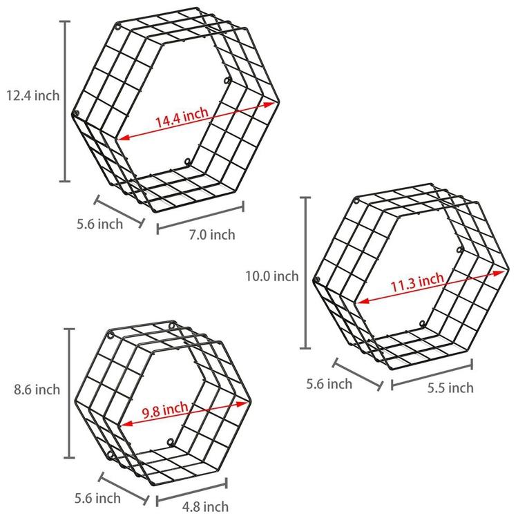 Metal Wire Hexagon Design Wall-Mounted Shelves, Set of 3, Black - MyGift Enterprise LLC