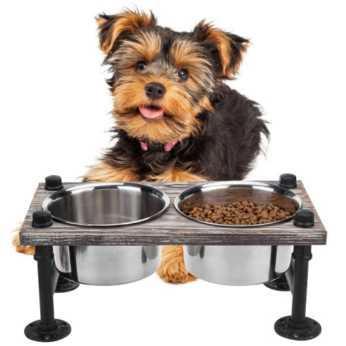 Torched Wood and Industrial Style Pipe Dog Feeder with Stand-MyGift