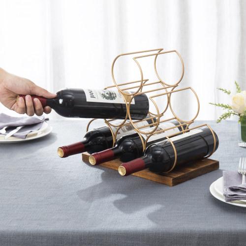 Modern Brass-Tone Metal & Burnt Wood Wine Rack