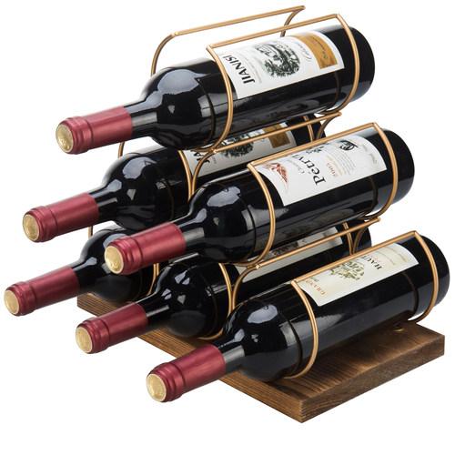 Modern Brass-Tone Metal & Burnt Wood Wine Rack