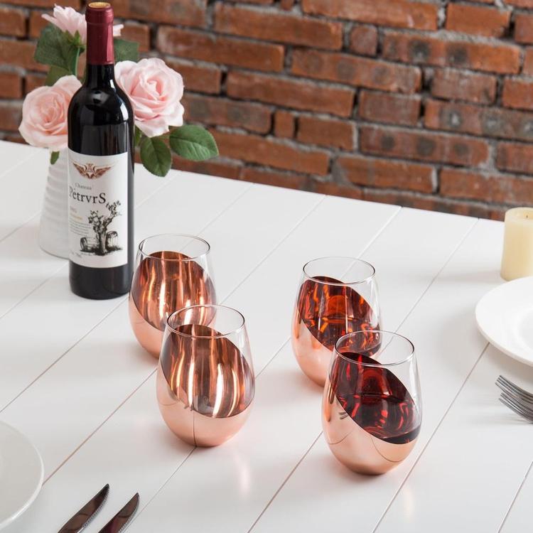 MyGift Modern Stemless Wine Glass Set of 6, White or Red Wine Glasses with  Brass Metallic Bottom Angled Design