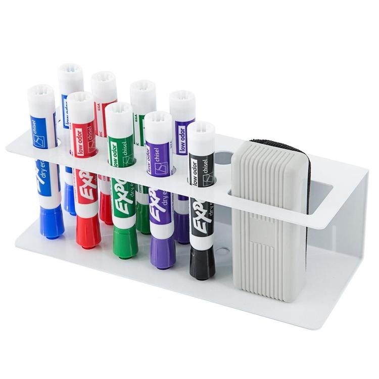 10-Slot Wall-Mounted Metal Dry Erase Marker and Eraser Holder Rack, White - MyGift Enterprise LLC