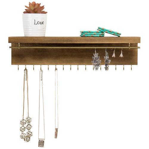 Modern Wood & Brass Jewelry Display Rack with Shelf