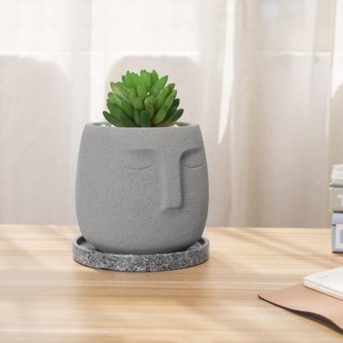 Polynesian-Inspired Cement Planter Pot with Saucer - MyGift