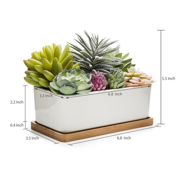 fake succulents potted Potted Artificial Succulents in Rectangular Ceramic Plant Pot with Bamboo Tray