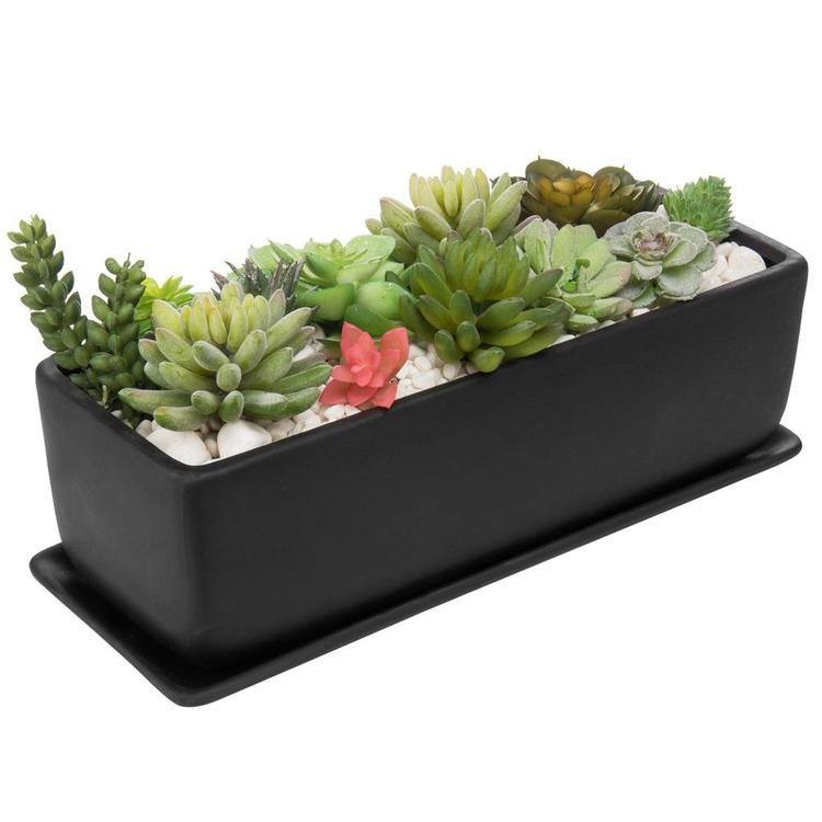 rectangular pots for succulents Rectangular Ceramic Succulent Planter with Saucer, Black 14 Inches