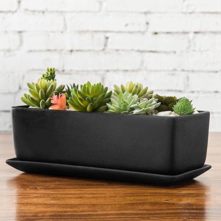 black succulent planter Rectangular Ceramic Succulent Planter with Saucer, Black 14 Inches