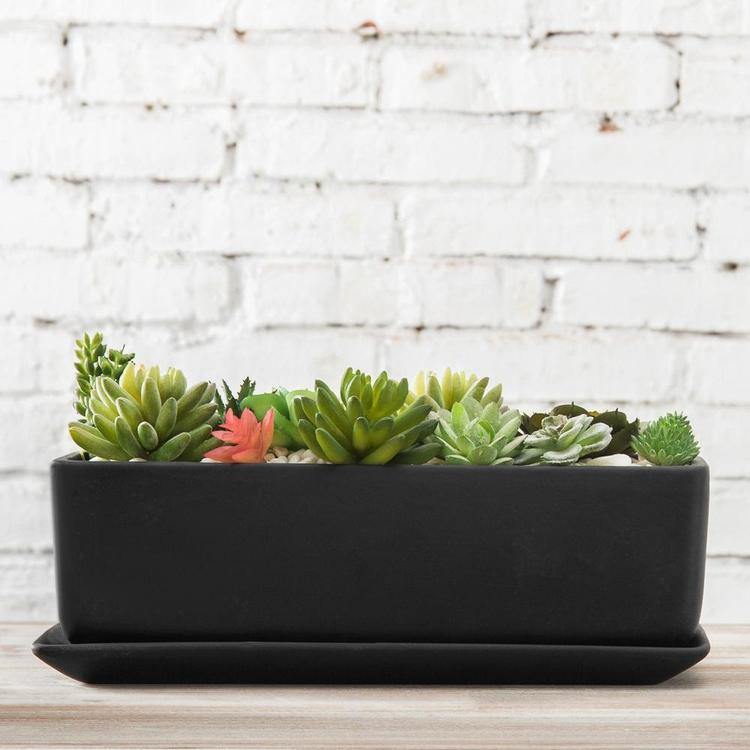rectangle pots for succulents Rectangular Ceramic Succulent Planter with Saucer, Black 14 Inches