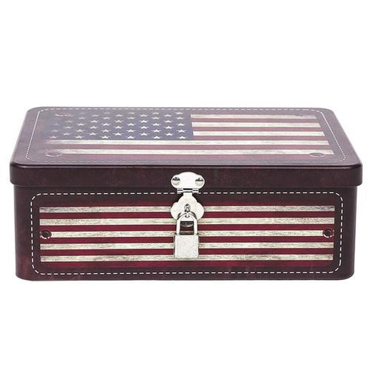 Retro Style American Flag Tin Storage Box with Padlock, Decorative Metal Organizer Case