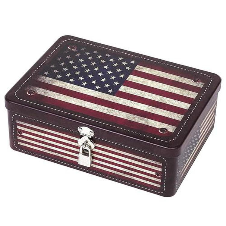 Retro Style American Flag Tin Storage Box with Padlock, Decorative Metal Organizer Case