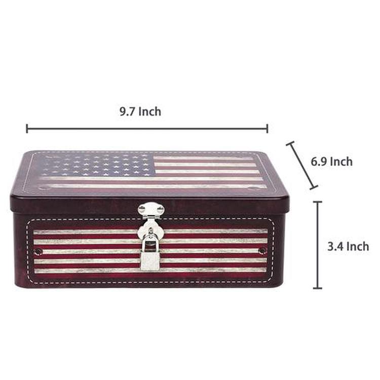 Retro Style American Flag Tin Storage Box with Padlock, Decorative Metal Organizer Case