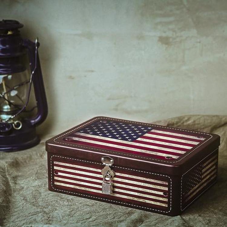 Retro Style American Flag Tin Storage Box with Padlock, Decorative Metal Organizer Case