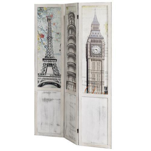 Room Divider with Whitewashed Wood and European Famous Landmarks - MyGift