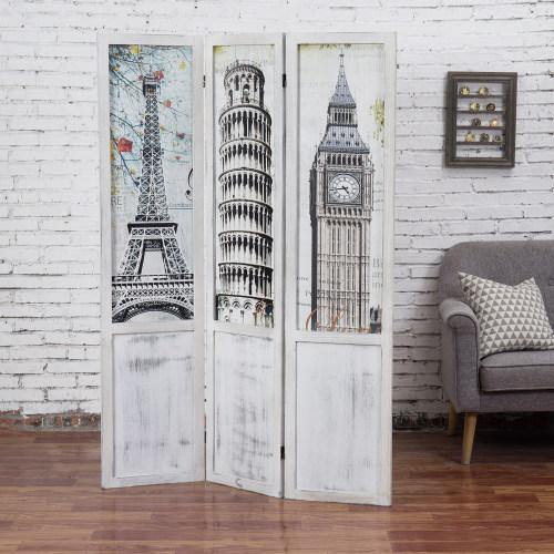 Room Divider with Whitewashed Wood and European Famous Landmarks - MyGift