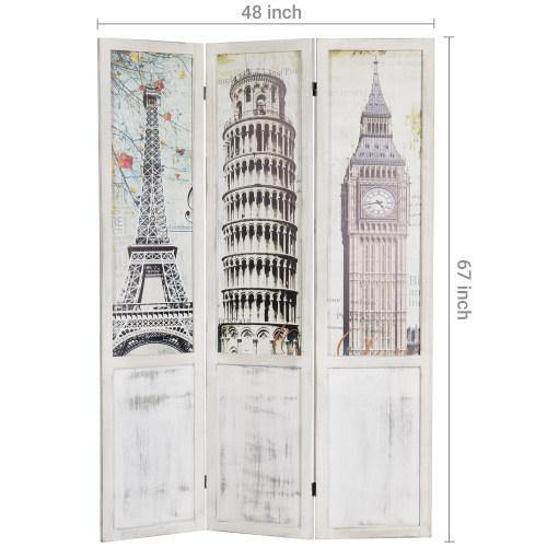 Room Divider with Whitewashed Wood and European Famous Landmarks - MyGift