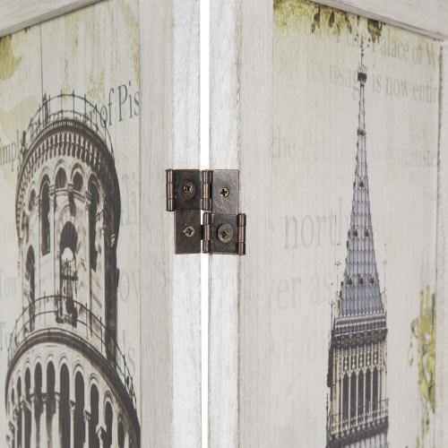 Room Divider with Whitewashed Wood and European Famous Landmarks - MyGift