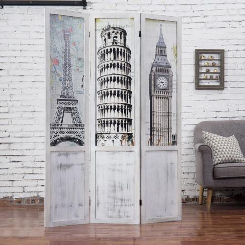 Room Divider with Whitewashed Wood and European Famous Landmarks - MyGift