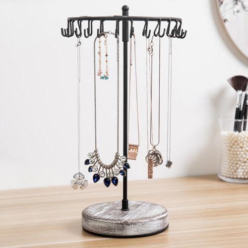 Rotating Black Metal Jewelry Organizer Tower with Torched Wood Base - MyGift