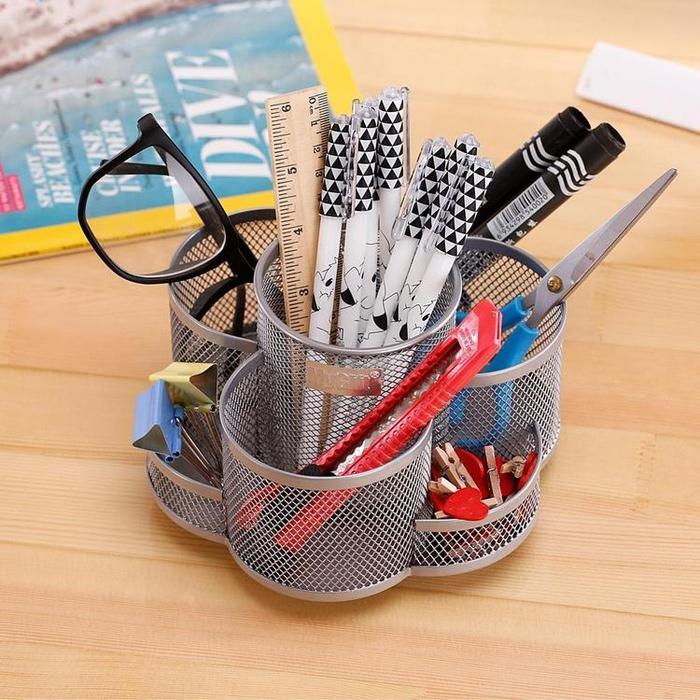 Rotating Mesh Metal 7 Compartment Desktop Office Supplies Storage Organizer Caddy, Silver - MyGift Enterprise LLC