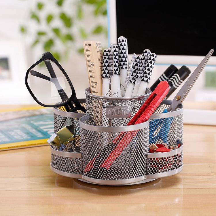 Rotating Mesh Metal 7 Compartment Desktop Office Supplies Storage Organizer Caddy, Silver - MyGift Enterprise LLC