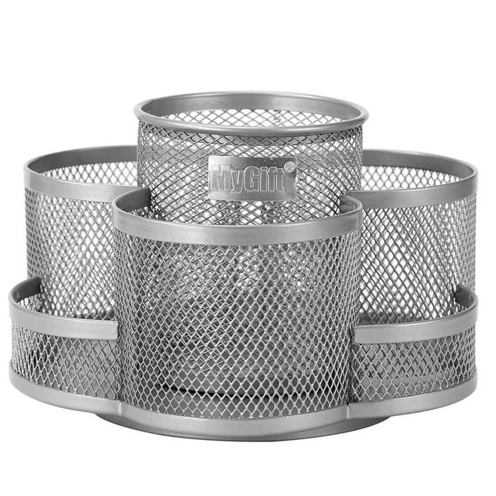 Rotating Mesh Metal 7 Compartment Desktop Office Supplies Storage Organizer Caddy, Silver - MyGift Enterprise LLC