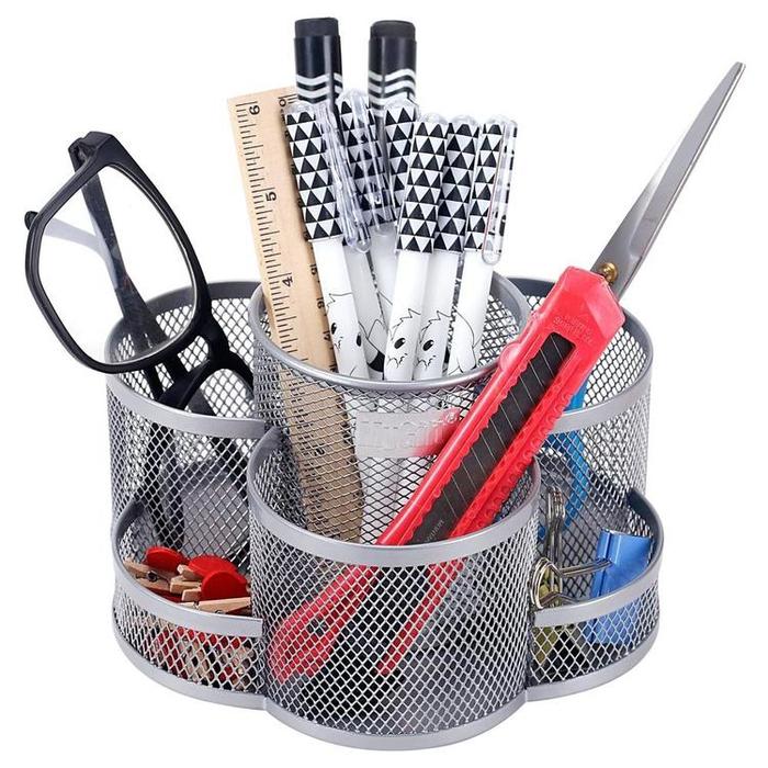 Rotating Mesh Metal 7 Compartment Desktop Office Supplies Storage Organizer Caddy, Silver - MyGift Enterprise LLC