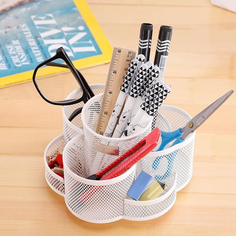 Rotating Mesh Metal 7 Compartment Desktop Office Supplies Storage Organizer Caddy, White - MyGift Enterprise LLC