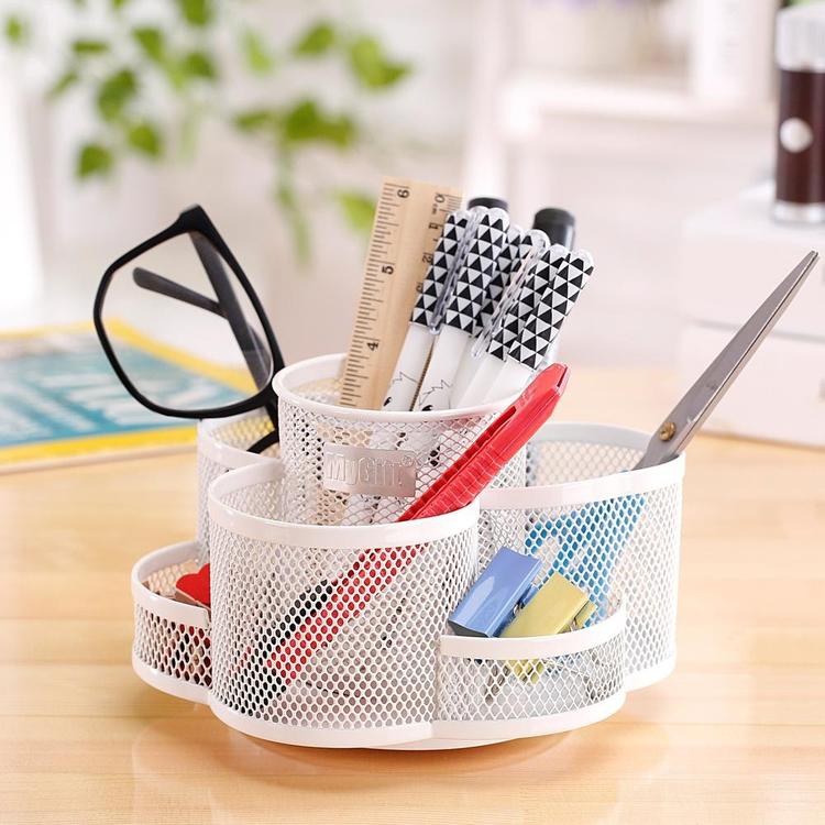 Rotating Mesh Metal 7 Compartment Desktop Office Supplies Storage Organizer Caddy, White - MyGift Enterprise LLC