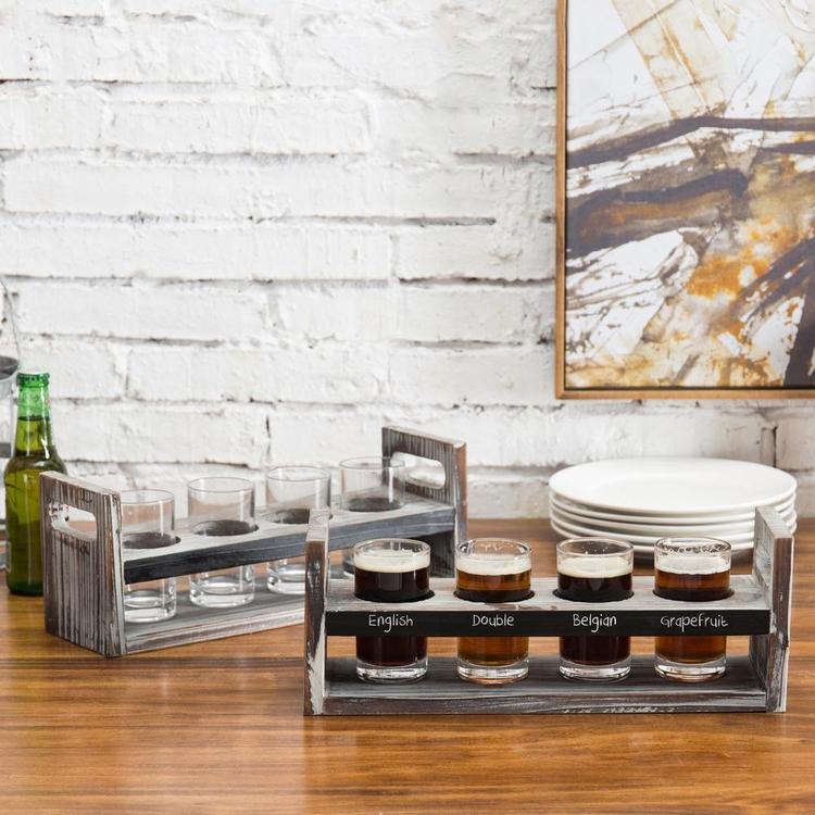 Set of 2 Torched Wood Beer Flight Serving Caddies with Chalkboard Panels & 4 Tasting Glasses - MyGift Enterprise LLC