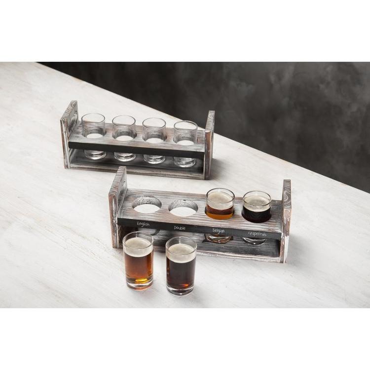 Set of 2 Torched Wood Beer Flight Serving Caddies with Chalkboard Panels & 4 Tasting Glasses - MyGift Enterprise LLC