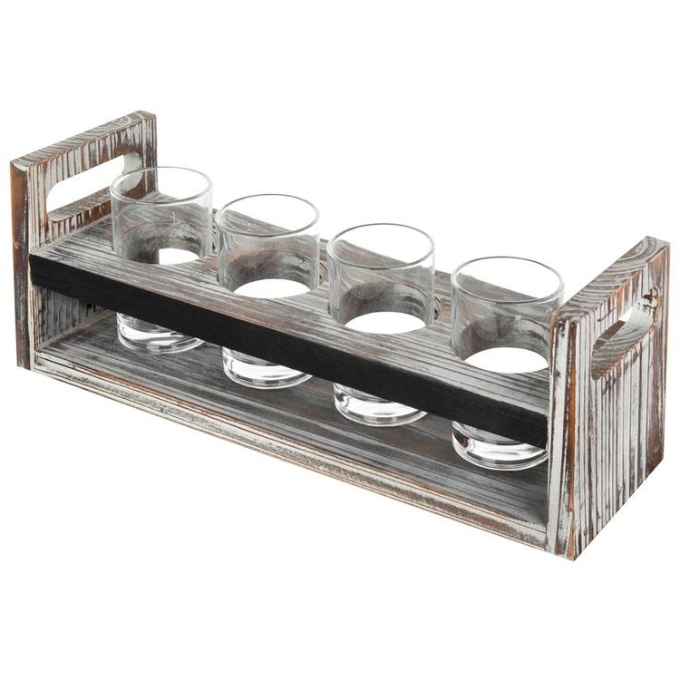 Set of 2 Torched Wood Beer Flight Serving Caddies with Chalkboard Panels & 4 Tasting Glasses - MyGift Enterprise LLC