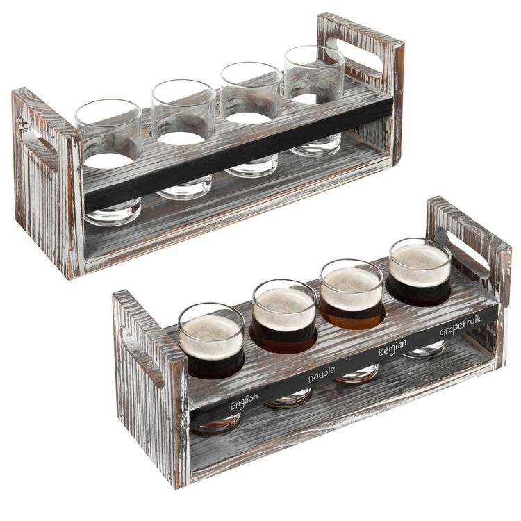 Set of 2 Torched Wood Beer Flight Serving Caddies with Chalkboard Panels & 4 Tasting Glasses - MyGift Enterprise LLC