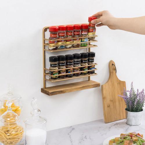 Rustic Brass Tone Metal & Burnt Wood Spice Rack - MyGift