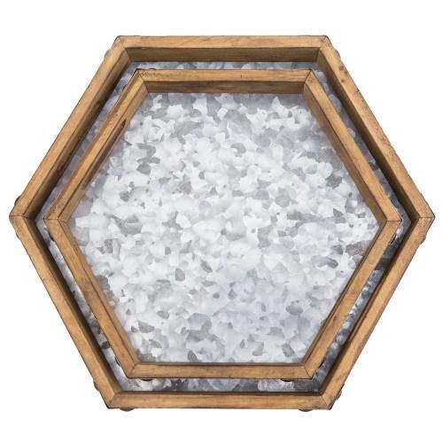 Rustic Brown Wood & Galvanized Iron Hexagon Serving Trays, Set of 2 - MyGift