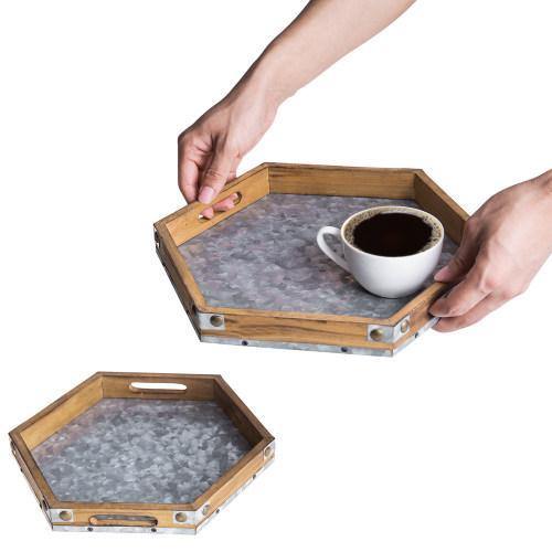 Rustic Brown Wood & Galvanized Iron Hexagon Serving Trays, Set of 2 - MyGift