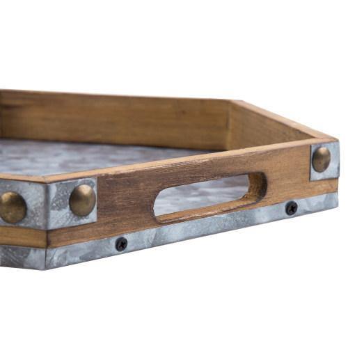 Rustic Brown Wood & Galvanized Iron Hexagon Serving Trays, Set of 2 - MyGift