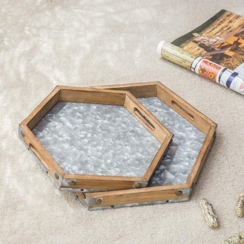 Rustic Brown Wood & Galvanized Iron Hexagon Serving Trays, Set of 2 - MyGift