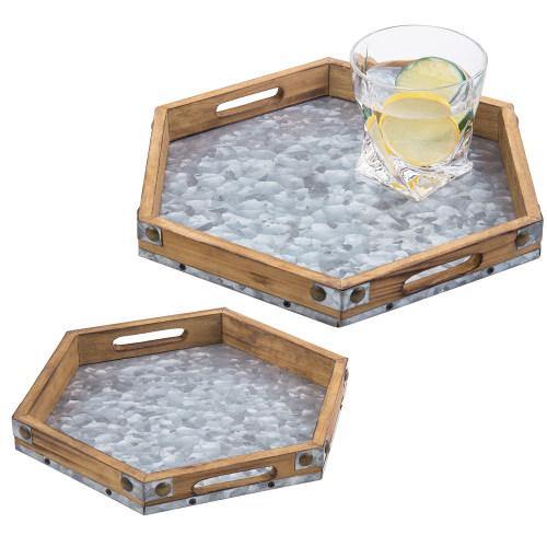 Rustic Brown Wood & Galvanized Iron Hexagon Serving Trays, Set of 2 - MyGift